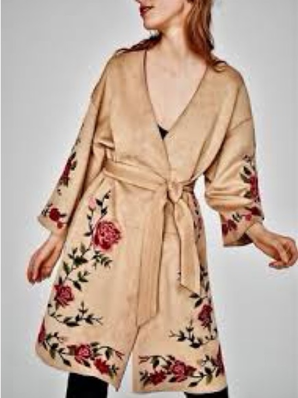 Zara Beige Kimono Jacket with Red and Pink Floral Embroidery XS